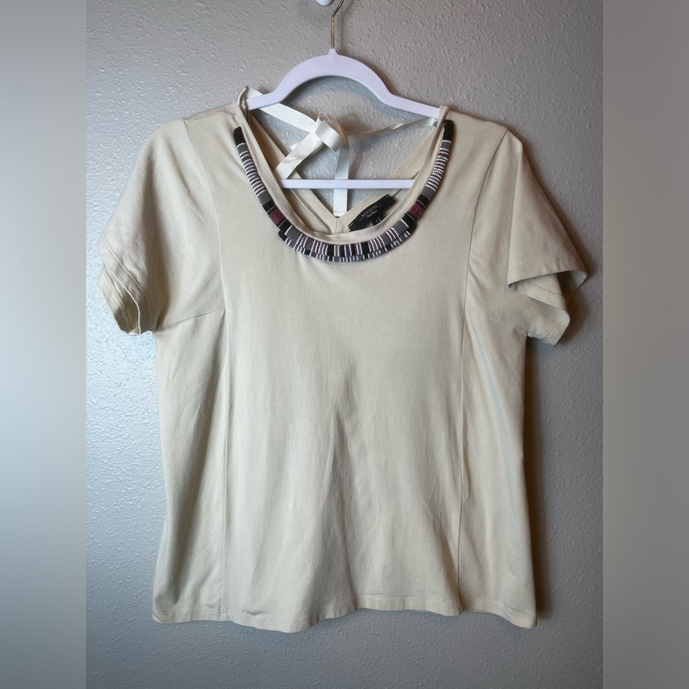 Max Mara Weekend Tan Tee with Beaded Attached Necklace Collar Size M